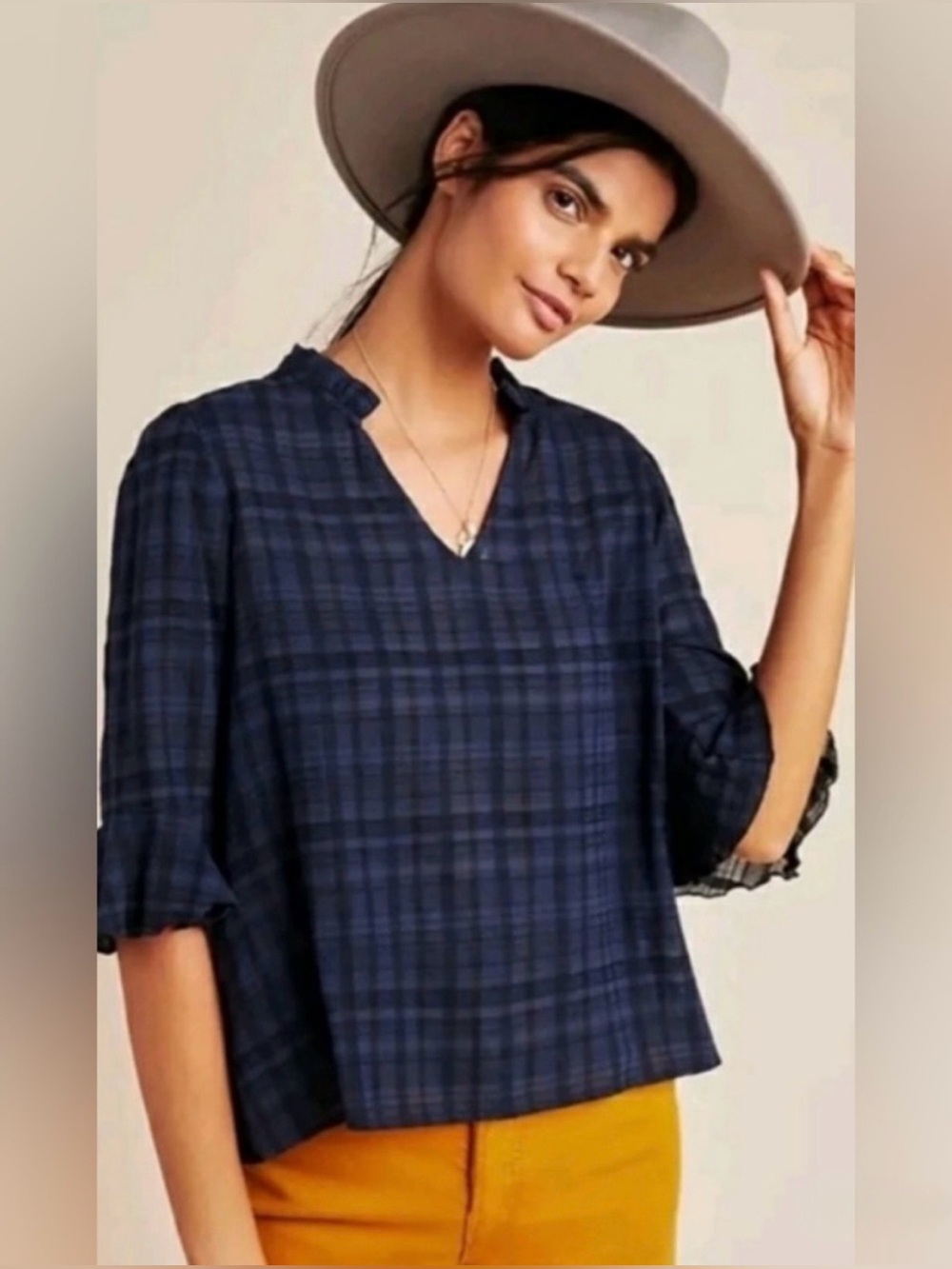 Anthropologie Dolan Blue Black Tandy Ruffled Plaid Blouse Size Medium